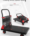 Heavy Duty Platform Cart With Folding Cage Two In One Use Convertible Hand Truck To Platform Trolley And Push Cart Dolly For Moving Bulky Loads In Warehouses Garages And Shops Foldable Enclosure For Compact Storage Open Fence For Full Cage Hauling And, foldable steel cart with black platform and red wheels