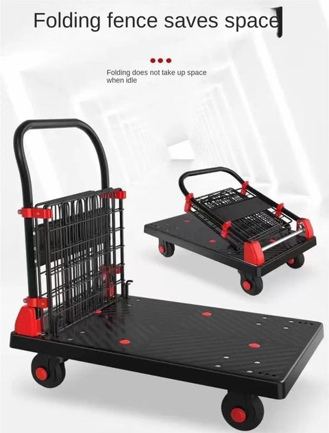 Heavy Duty Platform Cart With Folding Cage Two In One Use Convertible Hand Truck To Platform Trolley And Push Cart Dolly For Moving Bulky Loads In Warehouses Garages And Shops Foldable Enclosure For Compact Storage Open Fence For Full Cage Hauling And, foldable steel cart with black platform and red wheels