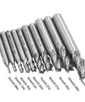 Front view of 10-piece AFUNTA HSS end mill set, 4-flute, straight shank, sizes 2–12 mm (0.08–0.47 in).