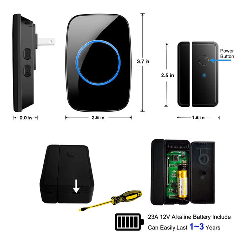 Wireless Door Chime Kit With Sensor Plug In Receiver Easy No Wiring Setup No Fuss Long Range Door Alarm System Up To 1000 Feet Instant Door Open Alerts For Home Office Or Apartment, black receiver and sensor, 3.7 in