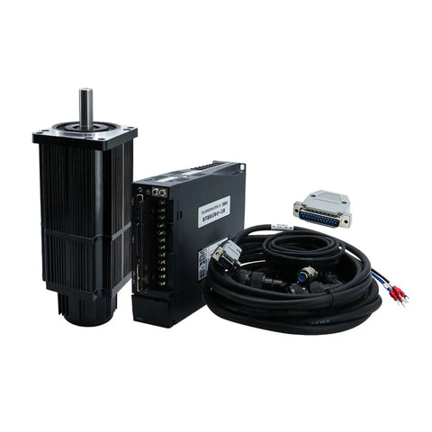 AC servo motor with drive unit and cable, black motor with silver shaft, DB-style connector and wiring.