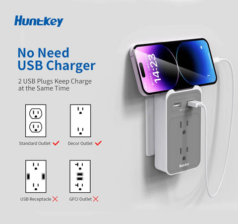 4 In 1 Outlet Extender With Phone Cradle, Dual AC Outlets And 3 USB Ports, wall-mounted with phone charging, no surge protector