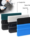 Vinyl wrap applicator tool kit with three felt squeegees (teal, white, black) for car wraps