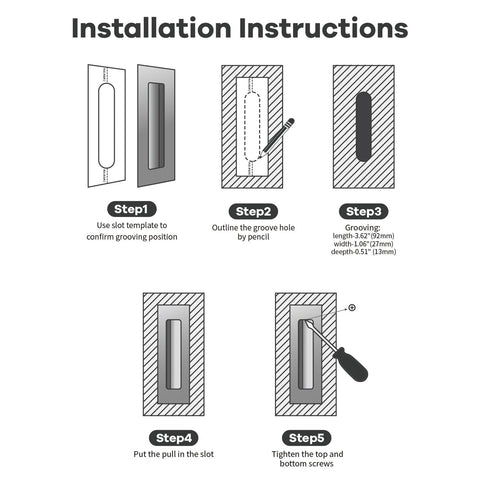 Installation instructions for Matte Black Pocket Door Hardware Set With Two Recessed Flush Finger Pulls And One Edge Pull Stainless Steel 304 Finish.