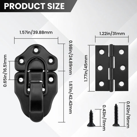 Product size diagram of Retro Style Duckbilled Hasp Latch For Boxes Iron Box Lock with Hinges and Screws, Black, 2.76x1.57 in size.