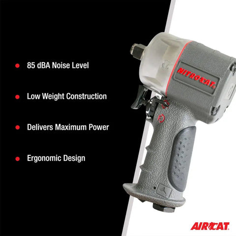 NitroCat 1/2-Inch Composite Compact Impact Wrench with Beast Power shown with ergonomic design and 85 dBA noise level features