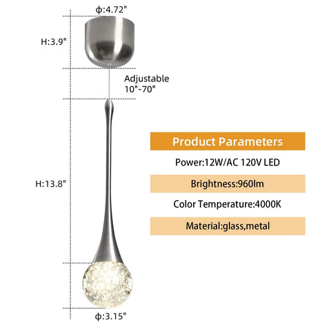 Diagram of Three Pack 12W Adjustable Led Bubble Glass Orb Pendant Lights For Kitchen Island And Vanity Mounts in brushed nickel finish