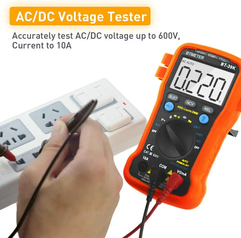 BT-39K Digital Multimeter With Case Pro Grade 4000 Count Volt Ohm Amp Tester measuring AC voltage from power strip
