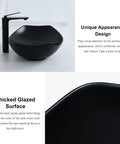 Black ceramic vessel sink with unique design, thick glazed surface, above counter installation for bathroom and vanity use.