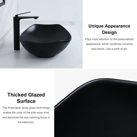 Black ceramic vessel sink with unique design, thick glazed surface, above counter installation for bathroom and vanity use.