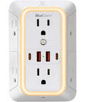 No Cap Wall Mount Power Strip With 6 Widely Spaced Outlets And 4 Rapid Charge USB Ports Includes Chill Night Light. Close-up view.