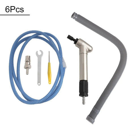 Pro Grade Pneumatic Air Die Grinder Kit Spins At 52500 Rpm With Hardened Steel Body For Rapid Grinding Cutting Polishing On Metal Glass And Stone In A Compact Powerhouse Design Includes Wrench For Fast Bit Swaps And Heavy Duty Workshop Results, featuring a silver die grinder, hose, wrench, and other accessories.