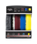 Buff and Shine Reflection Artist 6 Inch Buffing Kit With Five Uro Line Pads in box, showing Grey Uro Wool Blend, Uro-Fiber, Maroon, Blue, Yellow