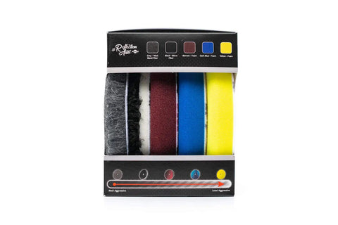 Buff and Shine Reflection Artist 6 Inch Buffing Kit With Five Uro Line Pads in box, showing Grey Uro Wool Blend, Uro-Fiber, Maroon, Blue, Yellow