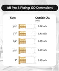AB Pex B fittings dimension chart with sizes 3/8 inch to 1 inch and outside diameters.