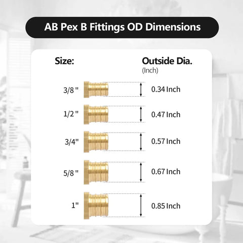AB Pex B fittings dimension chart with sizes 3/8 inch to 1 inch and outside diameters.