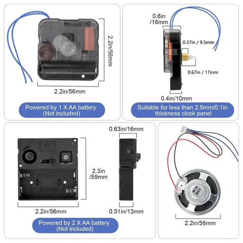 Clock Timing Movement Repair Kit with sizes and battery instructions for DIY clock repairs, antique restoration parts.