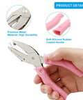 Hand holding a Round One Sixteenth Inch Hole Punch Handheld Paper Punch For DIY Crafts And Scrapbook Projects With Pink Soft Leather Cover Durable Stainless Steel.