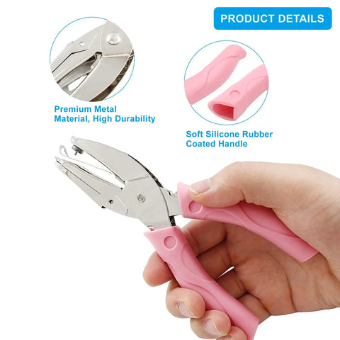 Hand holding a Round One Sixteenth Inch Hole Punch Handheld Paper Punch For DIY Crafts And Scrapbook Projects With Pink Soft Leather Cover Durable Stainless Steel.