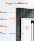 Heavy Duty Six Hundred Watt Off Grid Solar Kit Featuring Three Badass Two Hundred Watt Panels And A Snappy Forty Amp MPPT Charge Controller For Hassle Free Camp Wiring close-up of solar panel frame and features