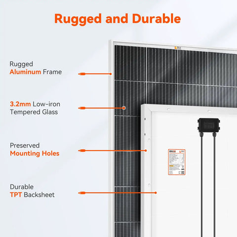 Heavy Duty Six Hundred Watt Off Grid Solar Kit Featuring Three Badass Two Hundred Watt Panels And A Snappy Forty Amp MPPT Charge Controller For Hassle Free Camp Wiring close-up of solar panel frame and features