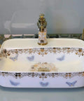 USZWBY Bathroom Sink, Countertop Basin Ceramic Ceramic Countertop Sink, Art Sink with butterfly design and gold accents.