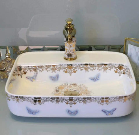 USZWBY Bathroom Sink, Countertop Basin Ceramic Ceramic Countertop Sink, Art Sink with butterfly design and gold accents.