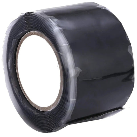 Roll of black waterproof pipe repair tape that fixes leaks fast and prevents bursts, heavy duty plumbers adhesive, easy tear, flexible.