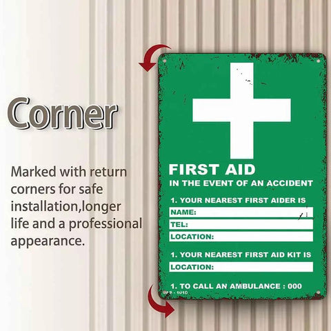 Durable Aluminum First Aid Location Sign 12 by 8 inches with ultra readable crisp printing and corner detail for safe installation.