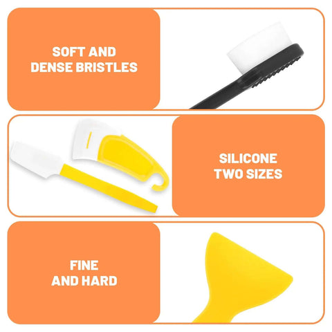 Components of Must-Have 7-Piece UV Resin 3D Printer Cleaning Kit including soft brush, silicone spatulas, brushes, and scrapers.