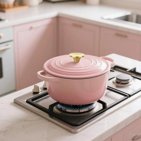 Pink Dutch oven with universal stainless steel knob replacement, bright gold finish, on stove in modern kitchen