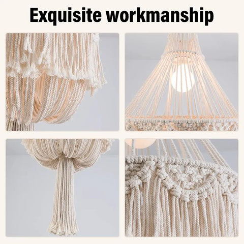 Close-up of a Handmade Macrame Chandelier Plug In Woven Hanging Lamp With On Off Switch 15Ft Hemp Rope Boho Pendant Light details.