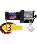 Heavy Duty 12 Volt Electric Hoist Winch For Car Lift And Off Road Rescue With Waterproof Design Perfect For Workshop Self Help Extraction Jobs Up To 2000 Lbs with control switch and hook.