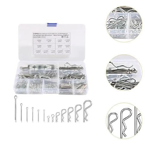 210 Piece Stainless Steel Cotter Pin Kit With Hairpin Pins And R Clips For Automotive, Home, And Industrial Use, Full Range Of Sizes For Quick Fixes, Maintenance, And Heavy Duty Projects, organized in labeled case