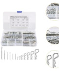 210x Hair Pin Cotter Pin Assortment Kit Stainless Steel R Clips And Hair Pin Clips For Mechanical Power Equipment Trucks Garage And DIY Projects Built For Tough Jobs In A Durable Grab And Go Storage Box With Easy Identification And Quick Repairs. open box with stainless steel cotter pins and R clips in compartments