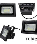 JUDYSSY Outdoor Remote Solar Flood Lights Led Solar Panels with Charging Indicator, Dimmable Brightness, Ip66 Waterproof Solar Lights for Garden Garagege, showing LED light fixture from multiple angles.