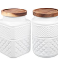 Dope Vintage Matte White Glass Canisters Set With Solid Wood Airtight Lids For Coffee Beans Tea And Grains, large size with textured design.