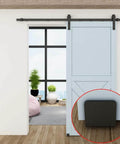 No-Drill Wall Mounted Sliding Barn Door Floor Guide U Shape Bottom Guide Adjustable For Door Thickness 1-3/8 To 1-3/4 Inches Durable Matte Black Steel installed on wall guiding barn door, protects floors.