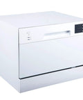 Compact Countertop Dishwasher Featuring A Slick Digital Interface And Six Heavy Duty Wash Cycles Engineered For Top Tier Energy Savings With Quick Connect Faucet Adapter And Flexible Delay Start For A Truly No Sweat Cleaning Routine In Crisp White, shown from the side.