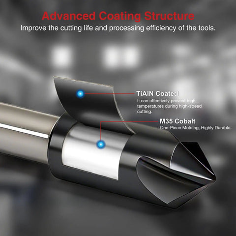 Close-up of M35 Cobalt TiAlN Coated Countersink Drill Bit showing advanced coating structure for heavy duty jobs.