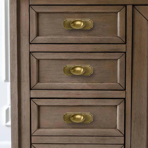 Antique Brass Cabinet Knobs with Black Backplate Set 2 Pack in use on wooden dresser drawers