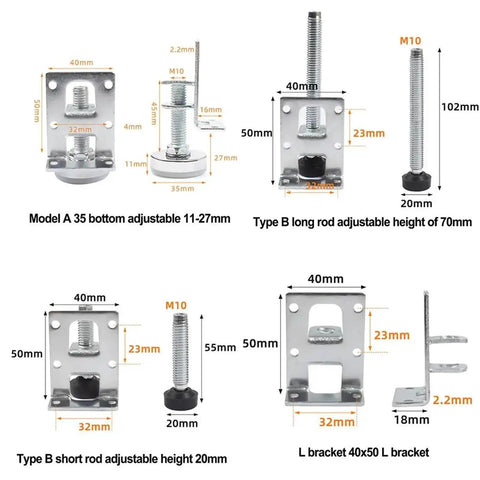 Diagram of Heavy Duty Adjustable Leveling Feet Set for Cabinets Tables Desks Workbenches and Shelving Units 6 Pieces