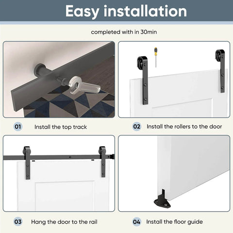 Installation steps for 36 By 84 Inch Sliding Barn Door Kit, White Primed Composite Interior Slab With 2 Panels, preassembled solid core.
