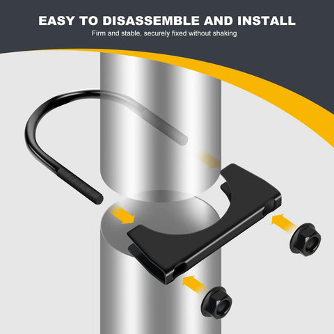 Diagram of Heavy-Duty 5.0 Inch Exhaust Clamps Set installation on pipe, showing rust-proof black saddle-style U-bolt clamps.