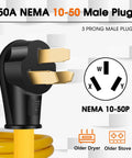 Close-up of 50A NEMA 10-50P male plug, black and yellow, part of EV Charger Adapter Cord NEMA 10-50P To 14-50R 50 Amp adapter.