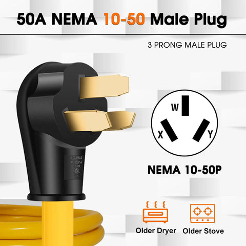 Close-up of 50A NEMA 10-50P male plug, black and yellow, part of EV Charger Adapter Cord NEMA 10-50P To 14-50R 50 Amp adapter.