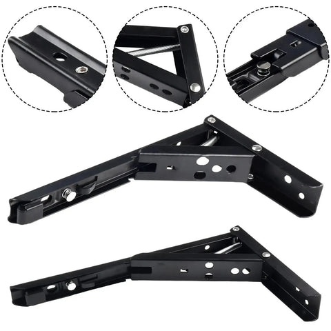 Close-up of Two Pack Folding Shelf Brackets Black Heavy Duty Steel Collapsible Hinges 14 Inch shown in detail.