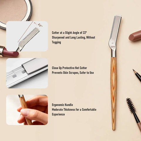 Get Your Brows In Tip Top Shape With This Manual Eyebrow Shaper Trimmer Featuring A Wooden Handle And Safety Mesh Guard For Dead On Facial Hair Removal For Men And Women Plus Stainless Steel Refills, showing ergonomic handle and protective net cutter.