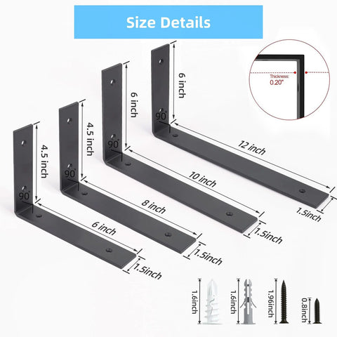 Size details of 6 Pack Heavy Duty 12 Inch Black L Shelf Brackets For Floating Shelves 1/5 Inch Thick One Piece Stamped Construction