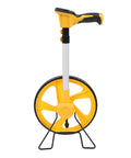 Built Tough Digital Measuring Wheel With Backlit Display Telescopic Handle adjusts from 23 to 40 inches with a yellow wheel.